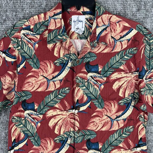 GUY HARVEY SHIRT MENS M RED HAWAIIAN MARLIN AFTCO BLUEWATER LOOSE EASY-CARE CAMP - Picture 3 of 10